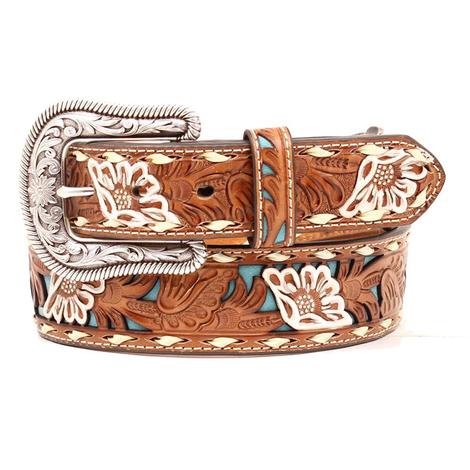 Nocona Womens Turquoise Backed Tooled Western Belt 