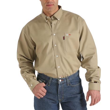 Cinch Mens Fire Resistant Khaki Solid Long Sleeve Button-Down Shirt