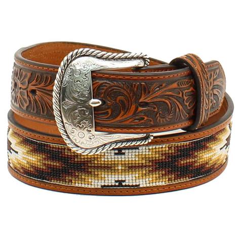 Nocona Mens Brown and Tan Leather and Bead Belt