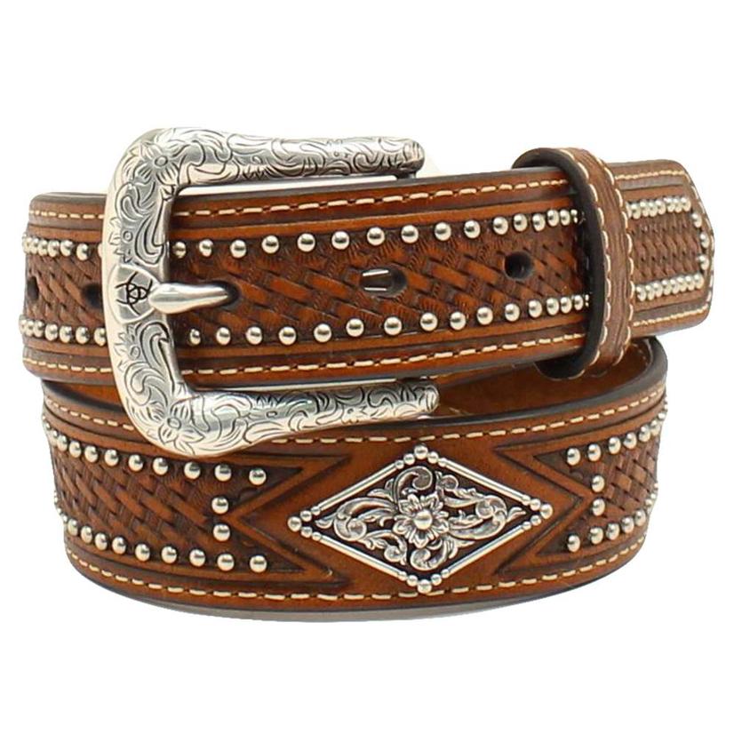  Kids Brown Leather Basketweave Belt With Silver Studs And Diamond Accent