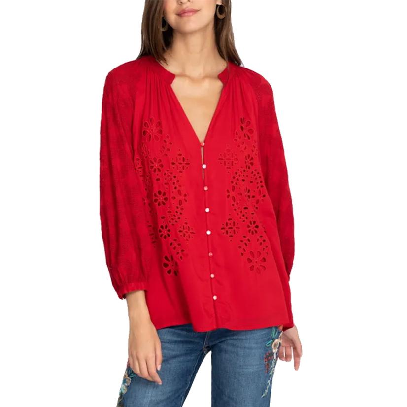  Johnny Was Scarlet Red Valerie Peasant Women's Top