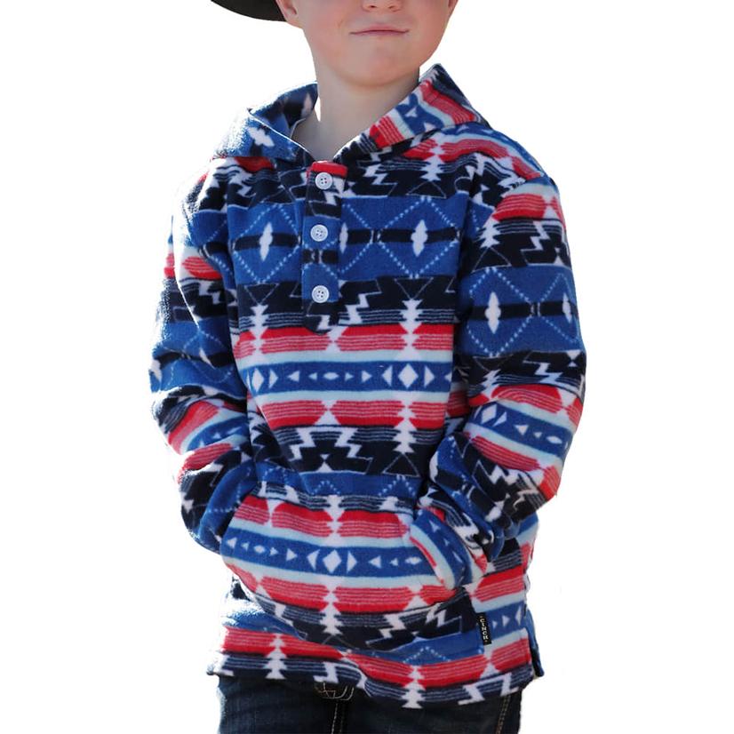  Cinch Blue Red Print Boy's Pullover Hoodie Sweater