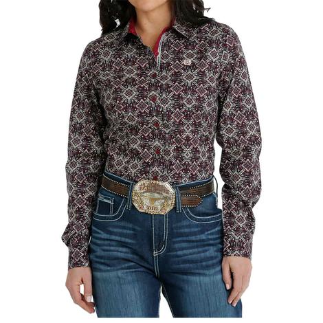Cinch Burgundy Print Long Sleeve Button-Down Women's Shirt