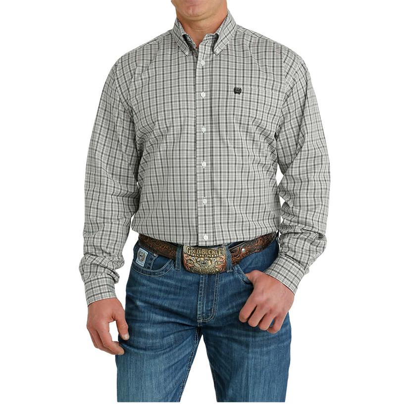  Cinch Plaid Long Sleeve White Button- Down Men's Shirt