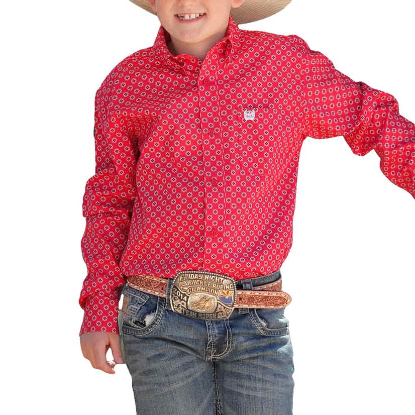  Cinch Printed Red Long Sleeve Button- Down Boys Shirt