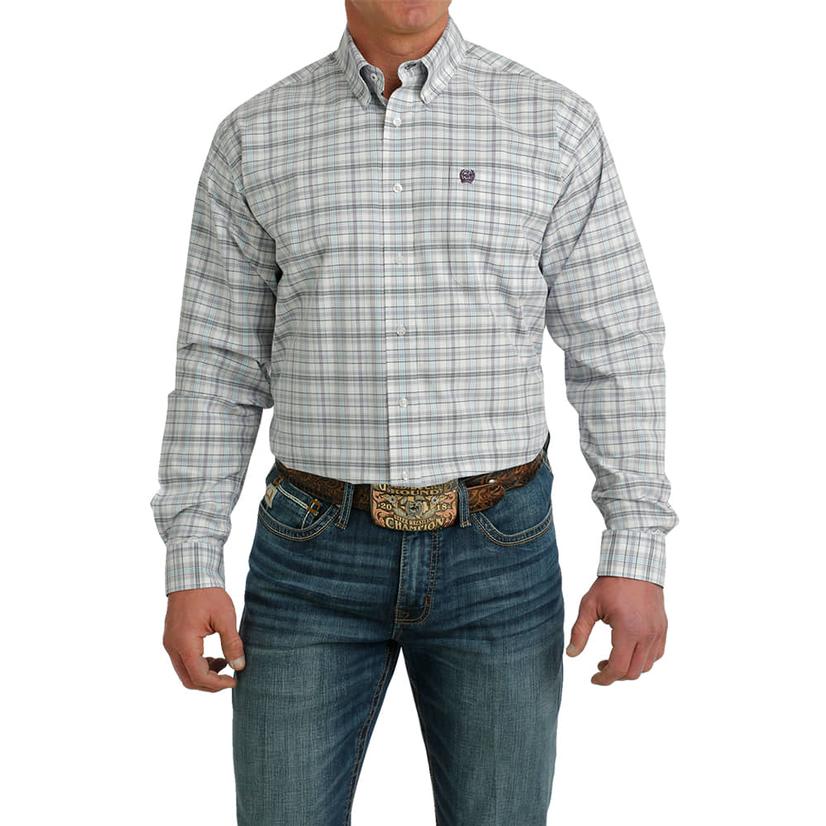  Cinch Plaid White Men's Long Sleeve Button- Down Shirt