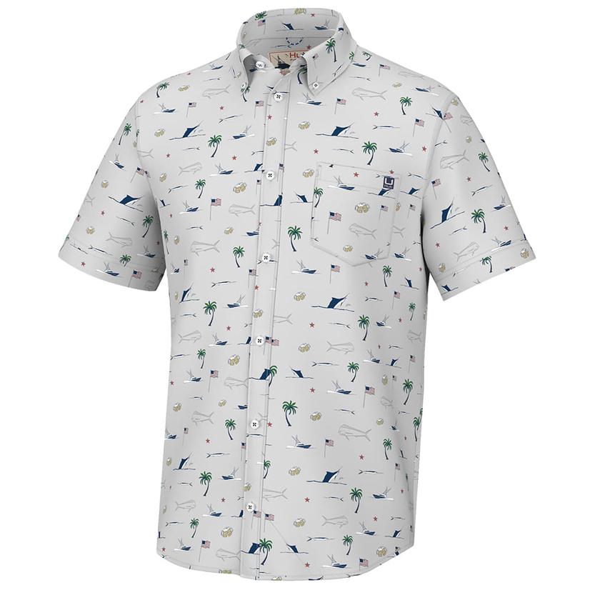  Huk Kc Kona Fish Beach Freedom Harbor Mist Men's Short Sleeve Shirt
