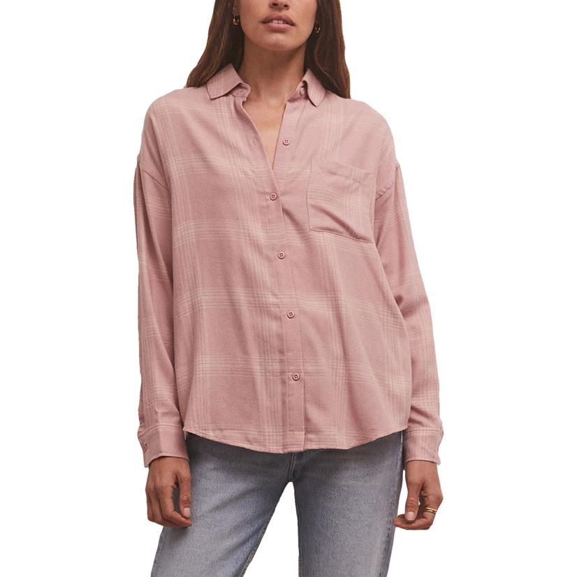  Z Supply River Smoked Rose Plaid Button- Down Women's Long Sleeve Shirt