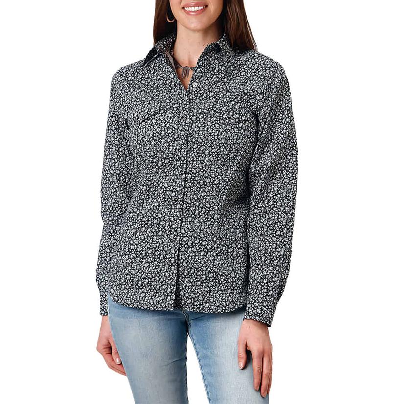 Roper Black Floral Print Long Sleeve Women's Top