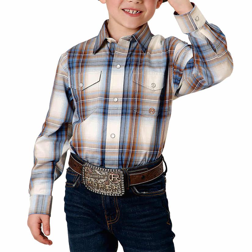  Roper Amarillo Collection Blue Brown Plaid Long Sleeve Snap Boy's Shirt