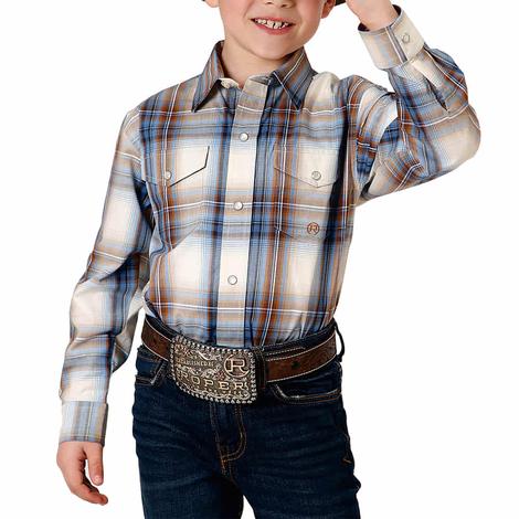 Roper Amarillo Collection Blue Brown Plaid Long Sleeve Snap Boy's Shirt