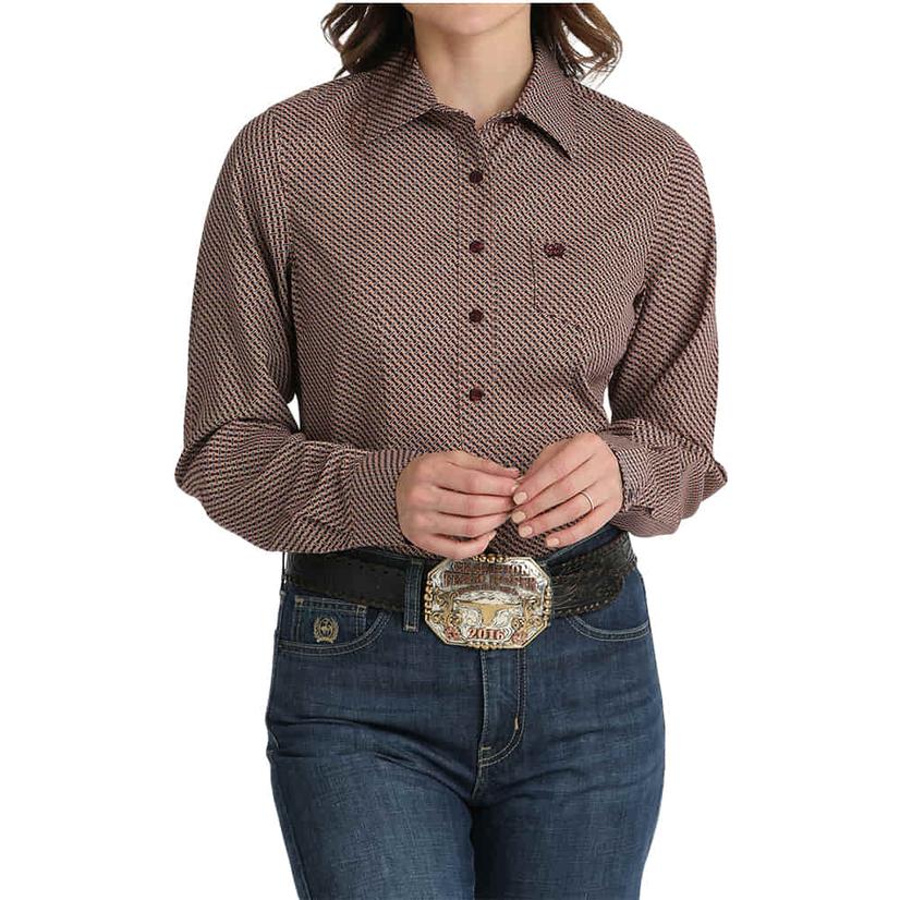  Cinch Woven Print Long Sleeve Button- Down Women's Shirt