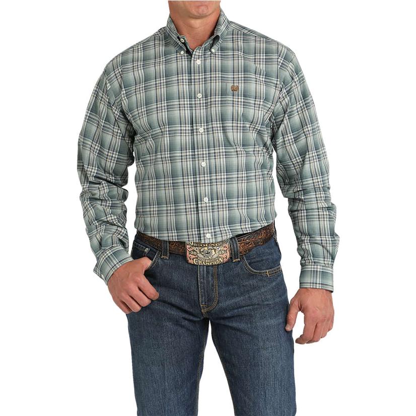  Cinch Green Plaid Long Sleeve Button- Down Men's Shirt