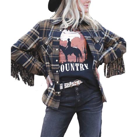 Cruel Girl Plaid Twill Shirt Jacket with Fringe Detail