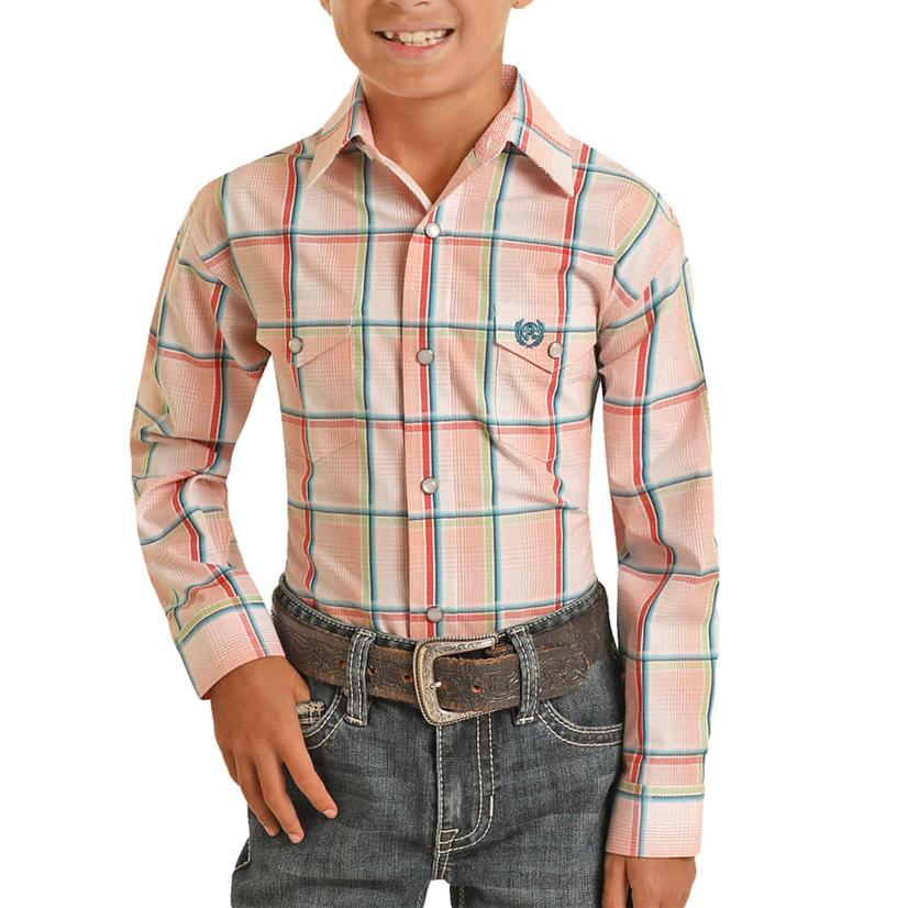 Panhandle Boy's Snap Long Sleeve Melon Plaid Shirt