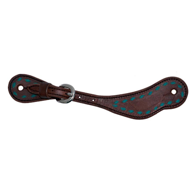  Partrade Cowboy Tack Chocolate Harness Leather Youth Spur Straps With Turquoise Buckstitching