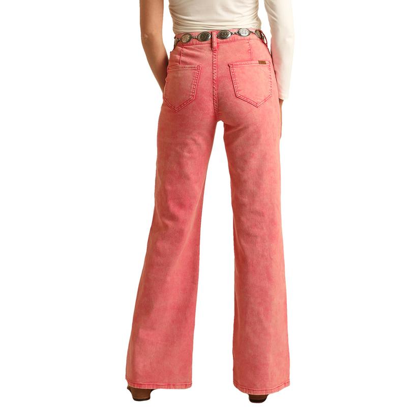  Rock And Roll Cowgirl Pink Distressed Wide Leg Flare Women's Jeans