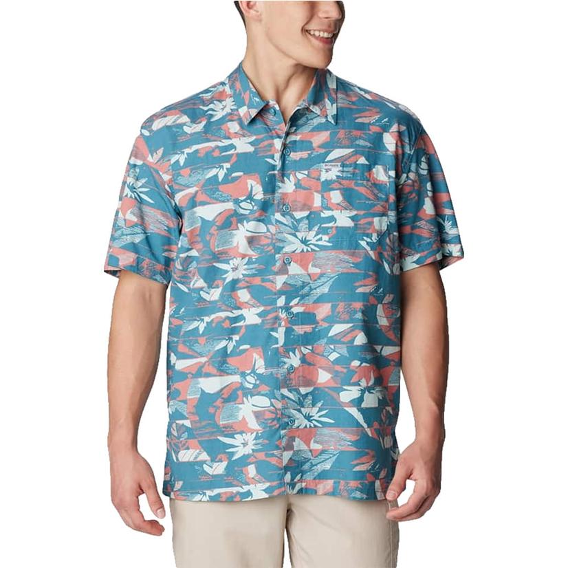 Columbia Trollers Best Canyon Blue Fullcast Short Sleeve Button- Down Men's Shirt