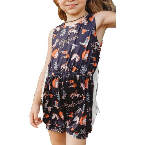 Shea Baby Girl's Black Yeehaw Fringe Romper