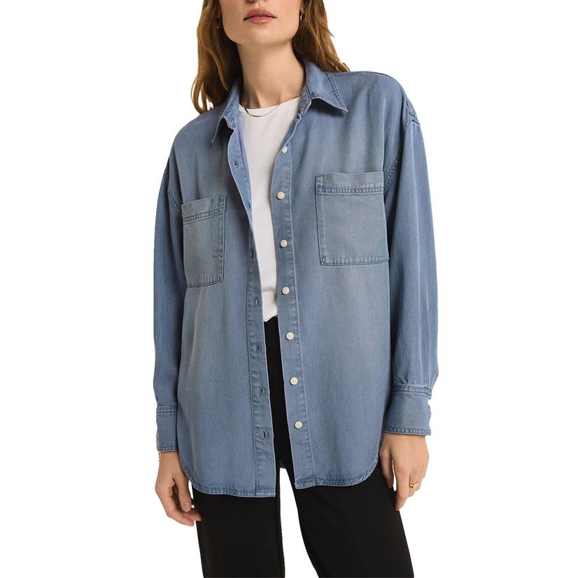  Z Supply Colbie Women's Top Long Sleeve Button- Down In Sun Bleached Indigo