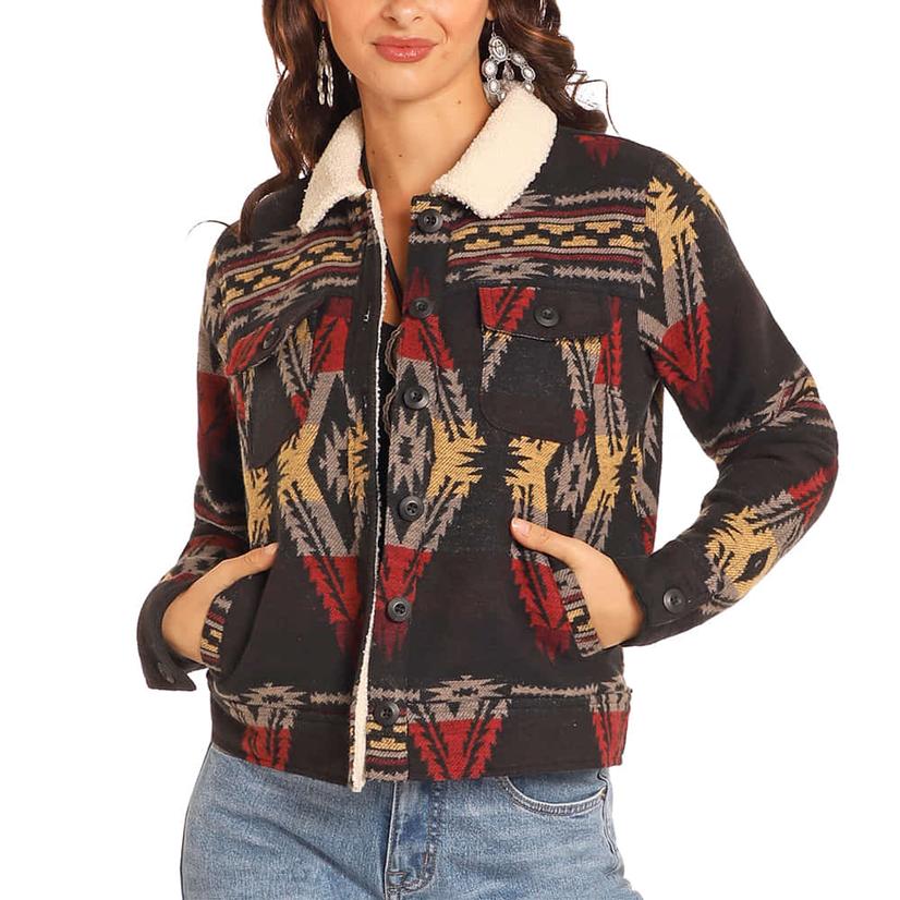  Rock And Roll Women's Black Jacquard Sherpa Lined Jacket
