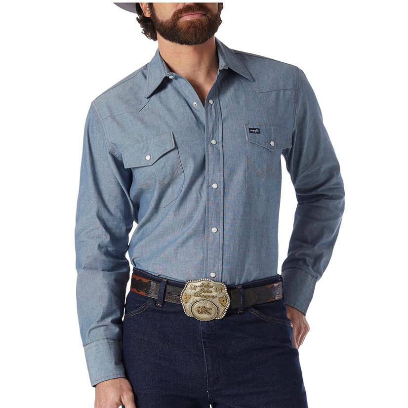  Wrangler Classic Fit Chambray Indigo Blue Long Sleeve Snap Men's Work Shirt - Tall Sizes